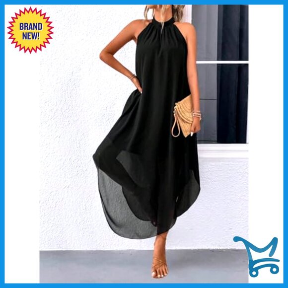 Halter Formal Wedding Guest Dress Flowy Sleeveless Asymmetrical Long Elegant - Picture 6 of 7